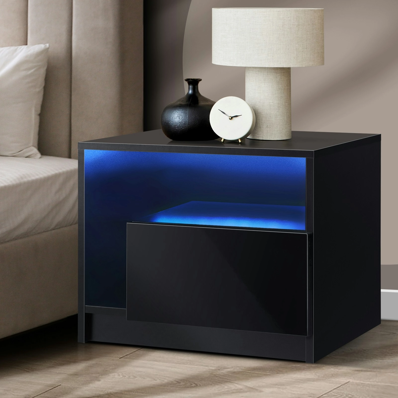 Oikiture Bedside Tables RGB LED Side Table Drawers High Gloss Nightstand Black