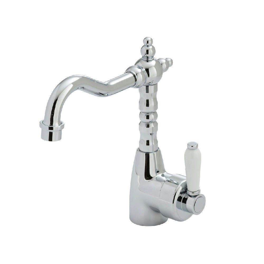 Fienza Eleanor Shepherds Crook Basin Mixer Chrome with White Ceramic Handle 202103