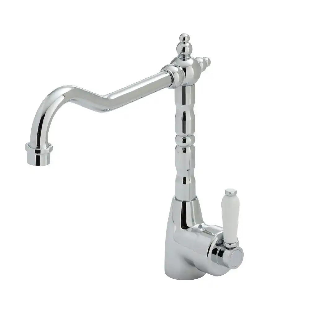 Fienza Eleanor Shepherds Crook SInk Mixer Chrome with White Ceramic Handle 202105