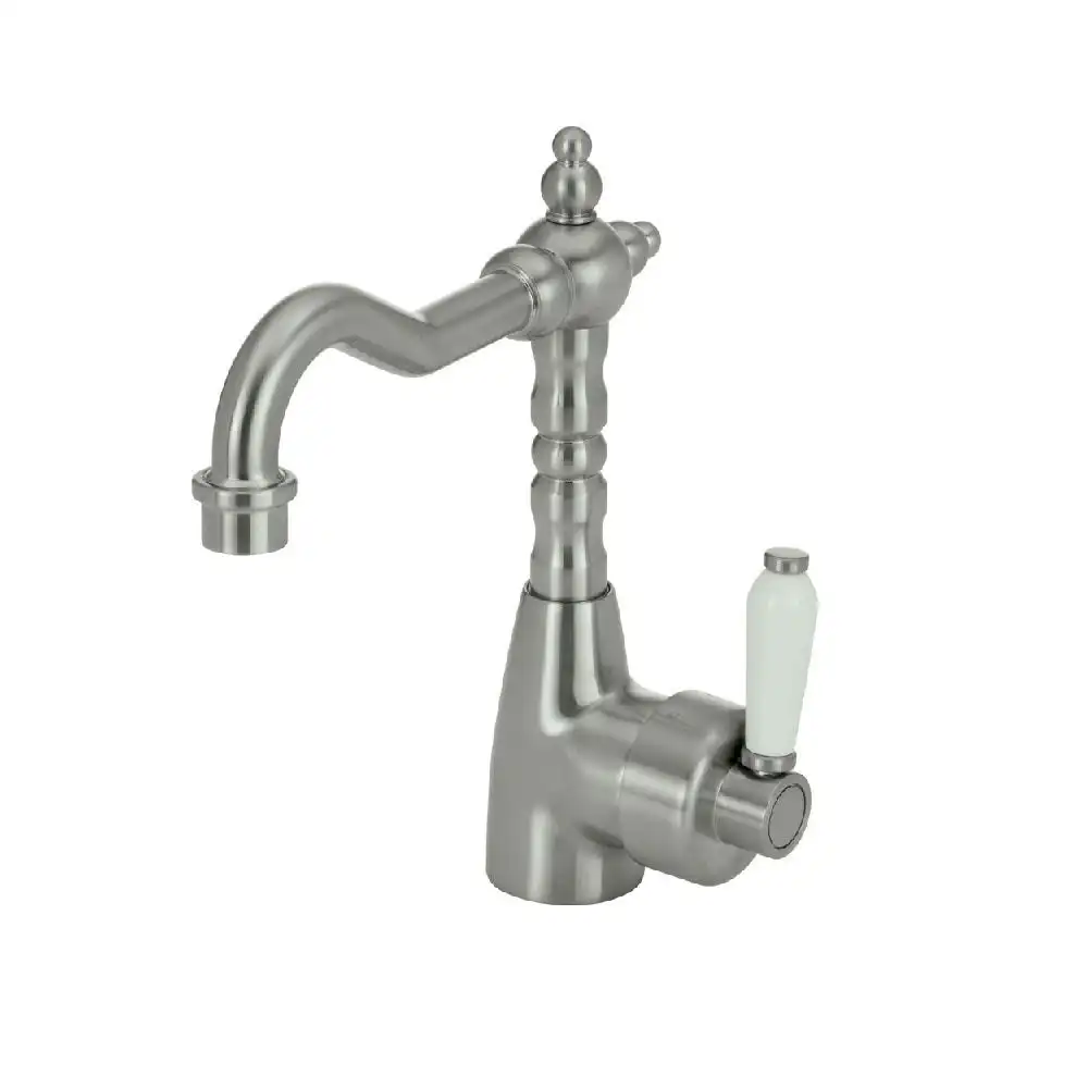 Fienza Eleanor Shepherds Crook Basin Mixer Brushed Nickel with White Ceramic Handle 202103BN