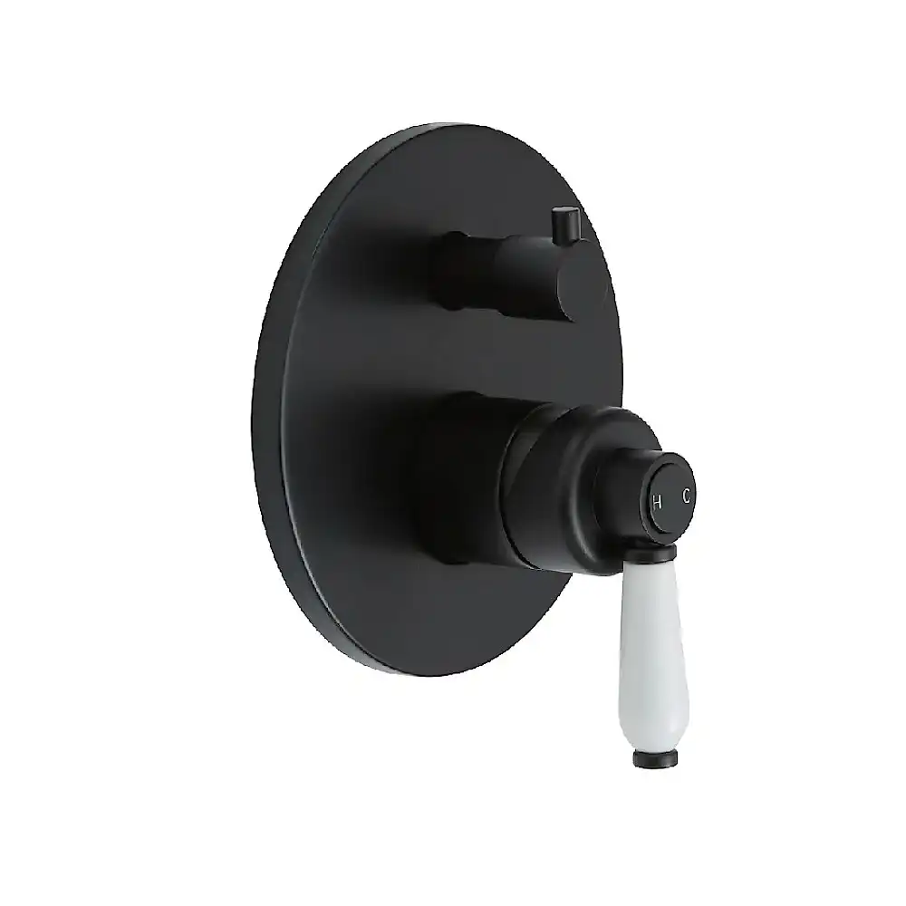 Fienza Eleanor Wall Shower Mixer Diverter Matte Black with White Ceramic handle 202102BK