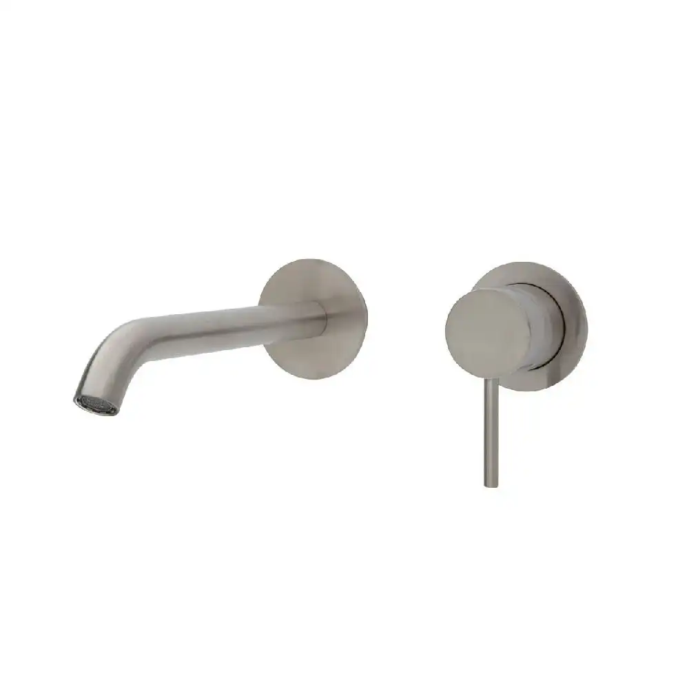 Fienza Kaya Wall Basin/ Bath Mixer Set Round Plate 200mm Outlet Brushed Nickel 228104BN-200