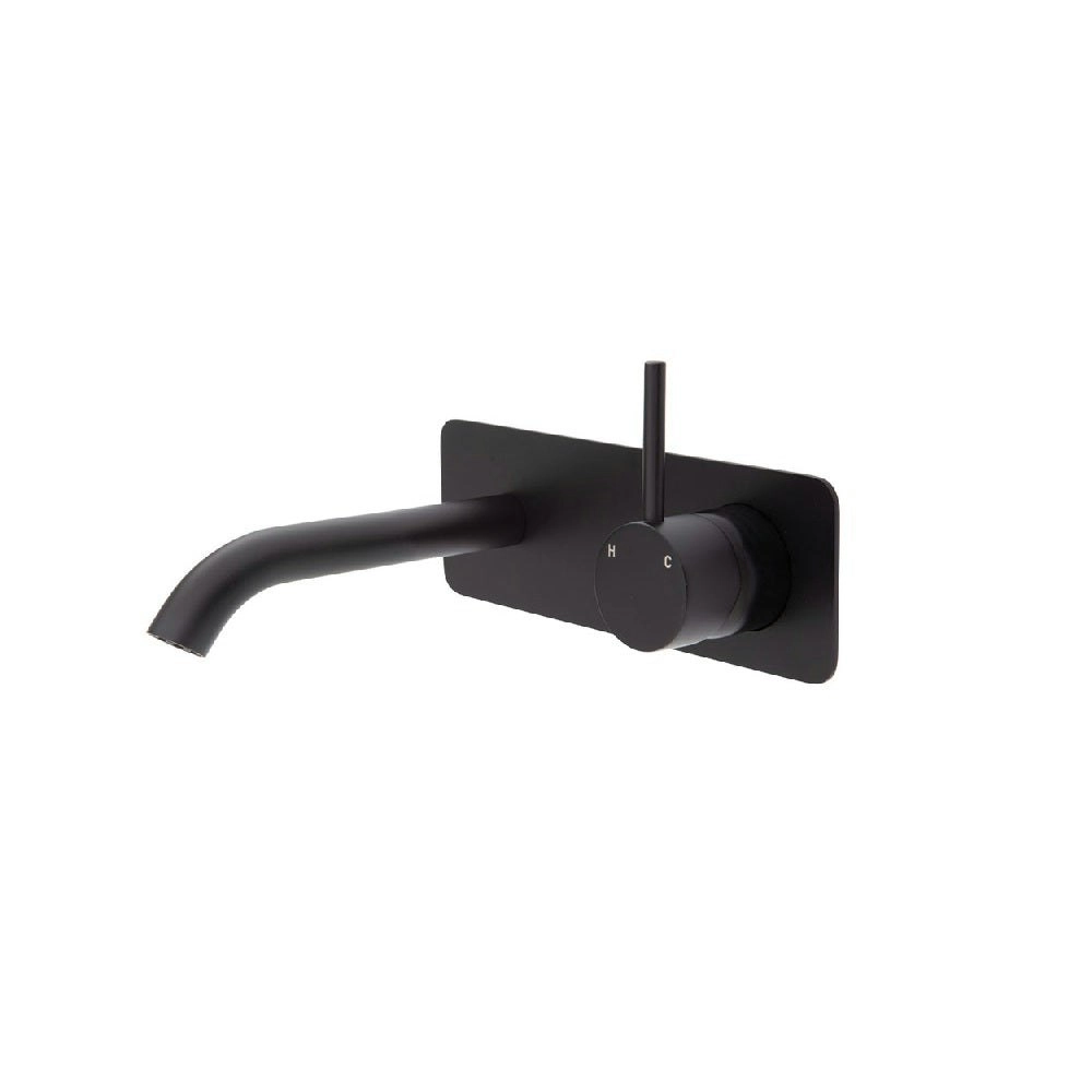 Fienza Kaya Up Wall Basin/ Bath Mixer Set Soft Square Plate 160mm Outlet Matte Black 228119B