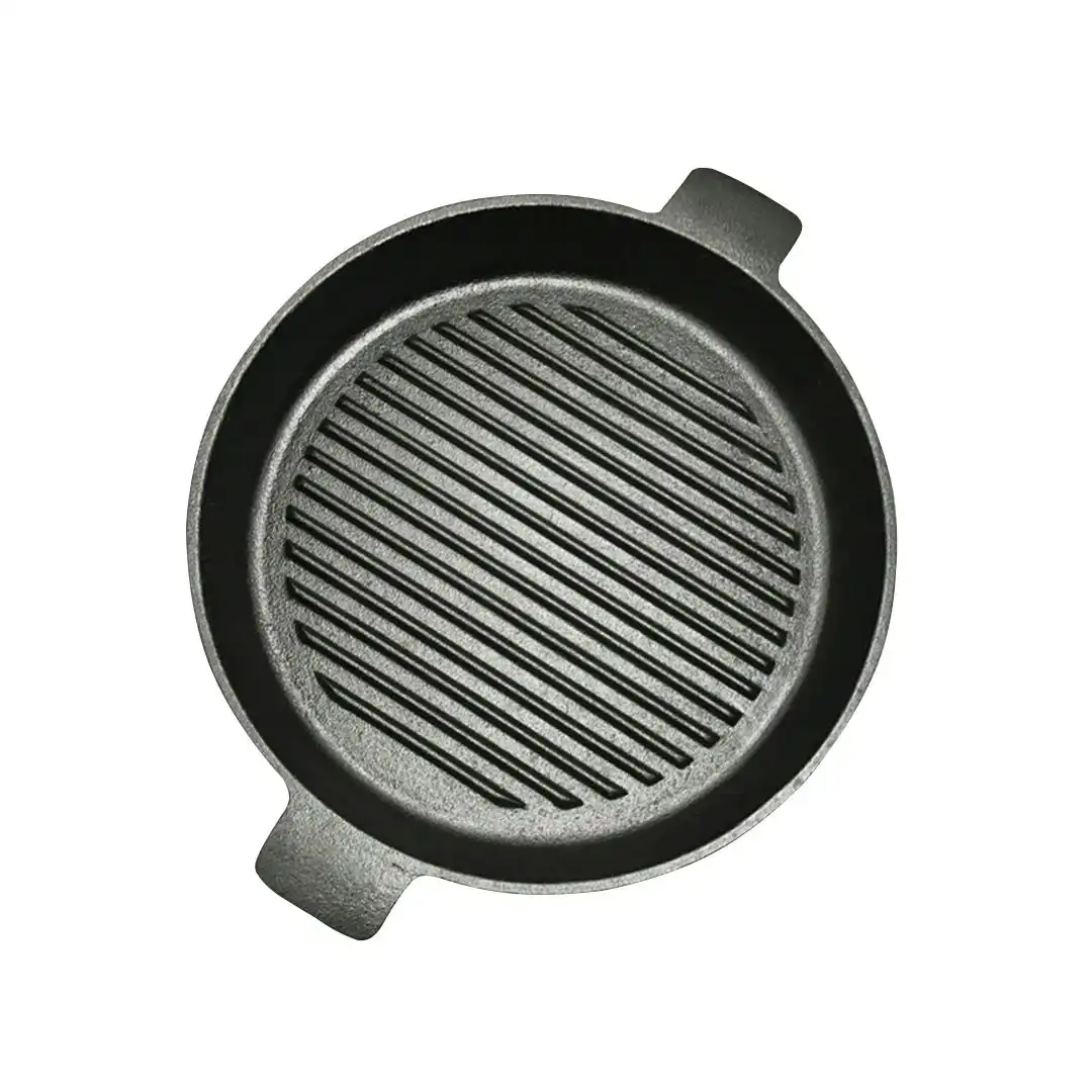 Soga 26cm Round Ribbed Cast Iron Frying Pan Skillet Steak Sizzle Platter with Handle