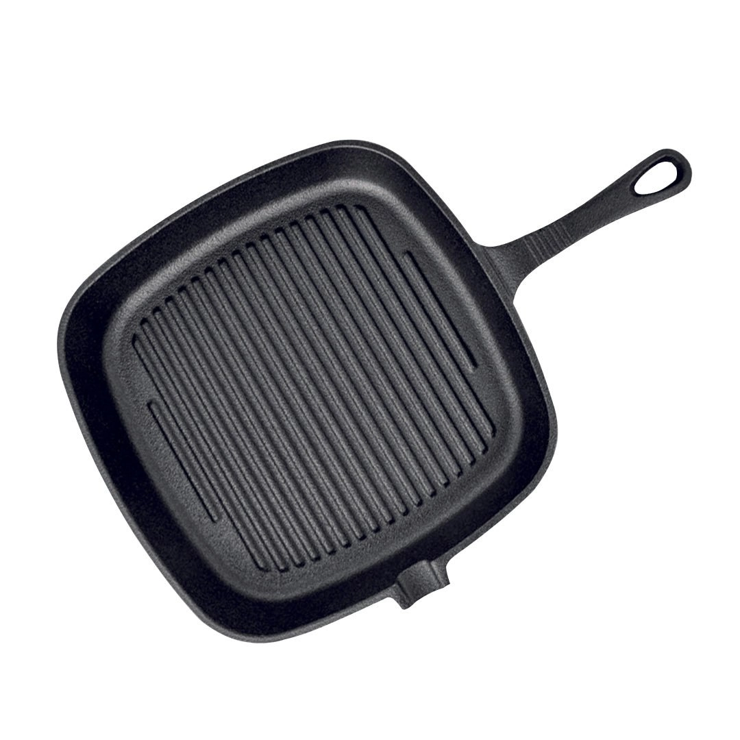 Soga 23.5cm Square Ribbed Cast Iron Frying Pan Skillet Steak Sizzle Platter with Handle