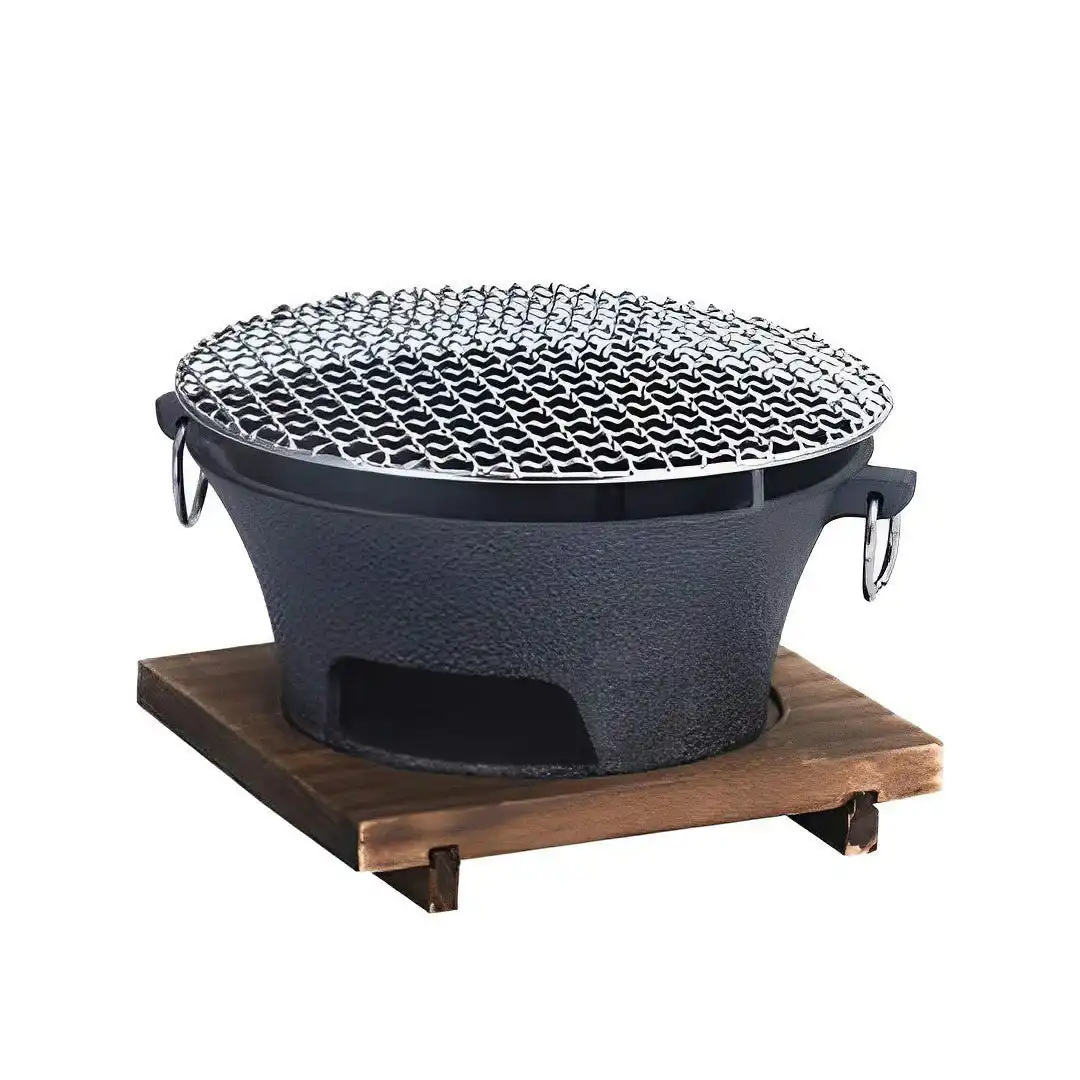 Soga Small Cast Iron Round Stove Charcoal Table Net Grill Japanese Style BBQ Picnic Camping with Wooden Board