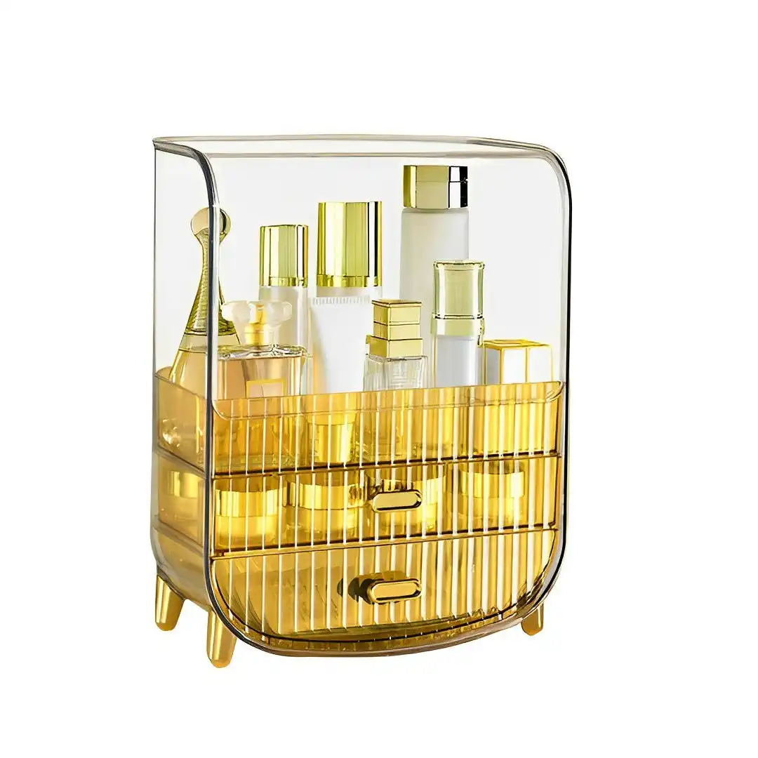 Soga 3 Tier Golden Yellow Multifunctional Countertop Cosmetic Storage Makeup Perfume Skincare Display Stand Shelf Drawer Type Organiser