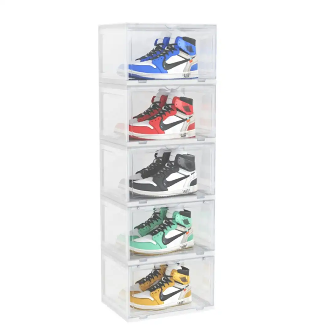 Soga 5 Tier Transparent Portable Shoe Organiser Sneaker Footwear Folding Plastic Bin Stackable Storage Box with Magnetic Door