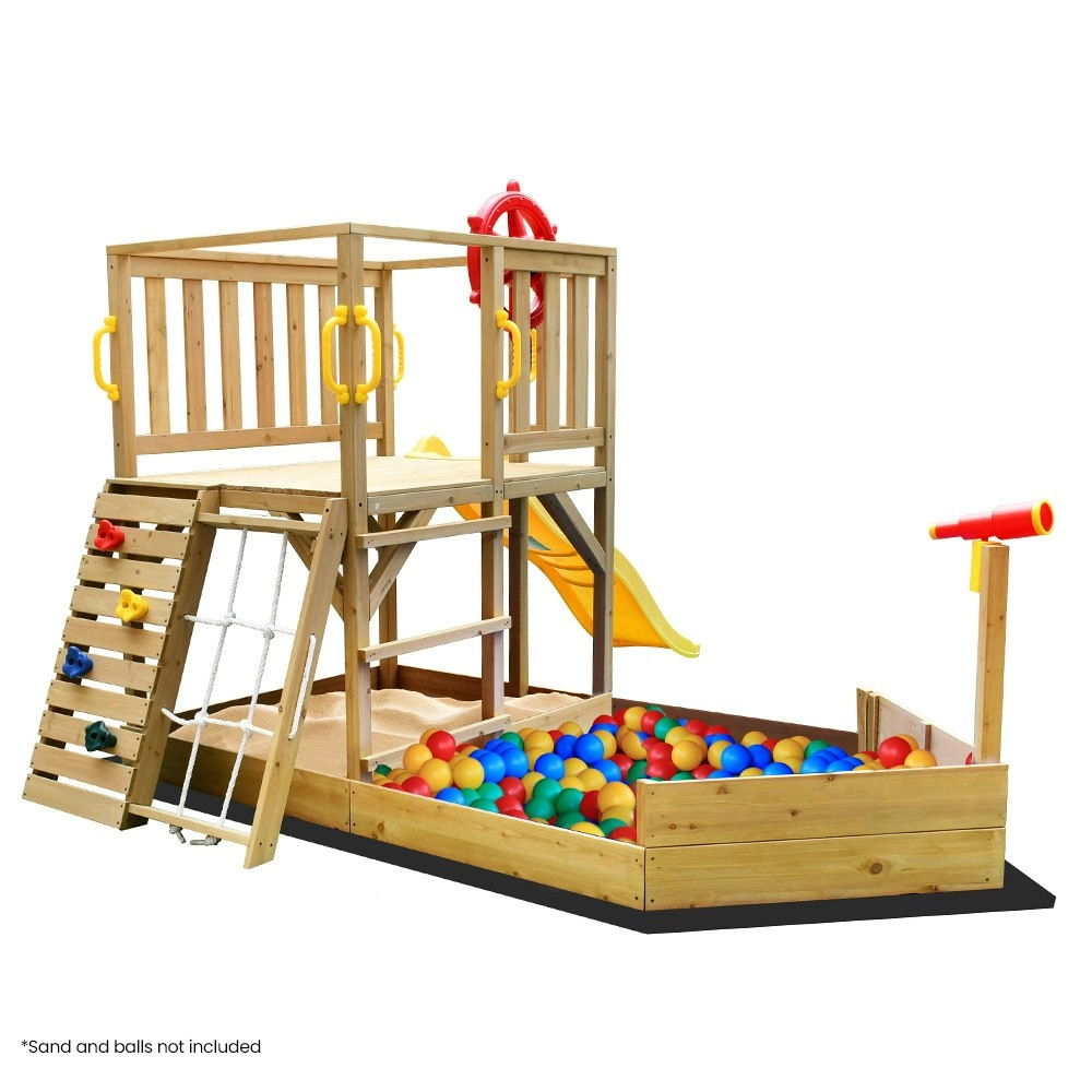 Rovo Kids Boat-Shaped Wooden Sand Pit Tower with Slide and Climbing Wall