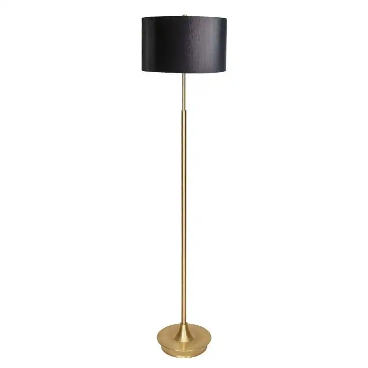 Sarantino Metal Floor Lamp In Brushed Brass Finish Black Linen Shade