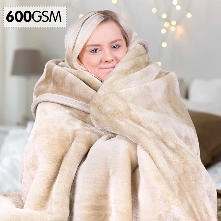 Laura Hill 600gsm Large Double Sided Queen Faux Mink Blanket   Beige