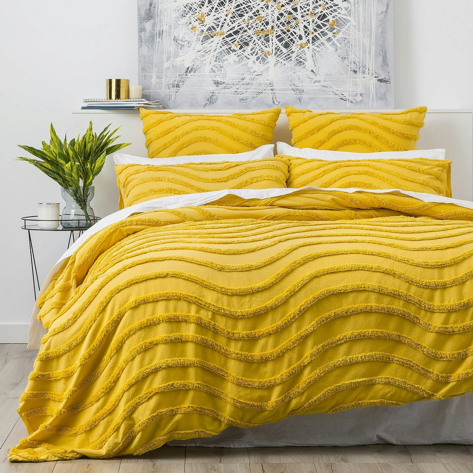 Cloud Linen Wave 100% Cotton Chenille Vintage washed tufted Quilt Cover Set - Mustard