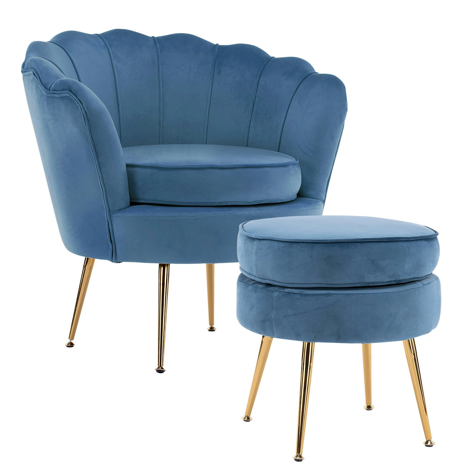 Armchair Velvet Shell Scallop + Ottoman Foot Stool - NAVY BLUE