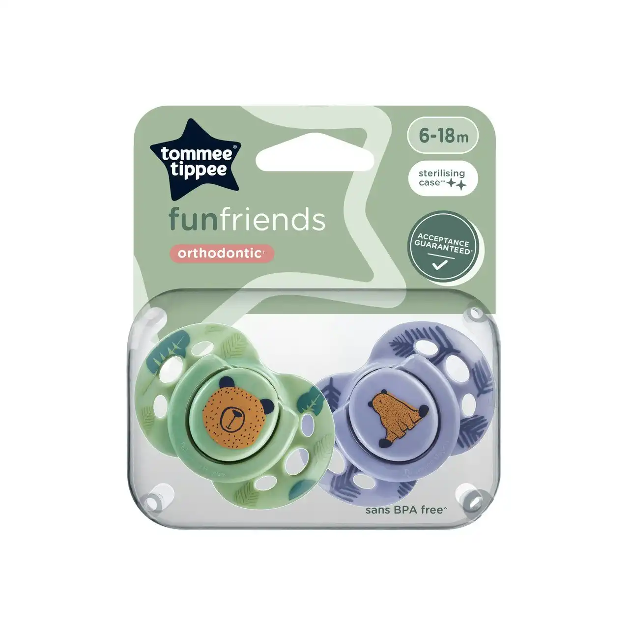 Tommee Tippee Fun Soother, 6-18 months, 2 pack, BPA free, Reusable steriliser pod