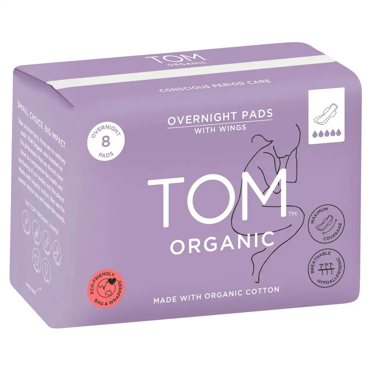 TOM Organic Overnight Pads with Organic Cotton 8 Pack