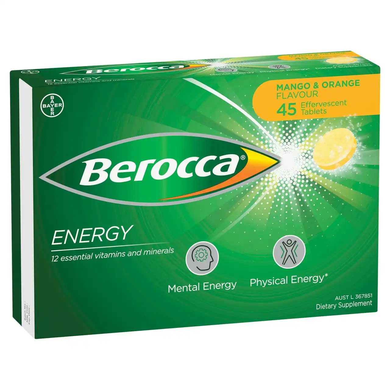 Berocca Energy Vitamin B & C Mango & Orange Flavour Effervescent Tablets 45 Pack