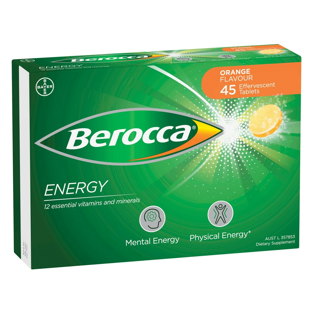 Berocca Energy Vitamin B & C Orange Flavour Effervescent Tablets 45 Pack