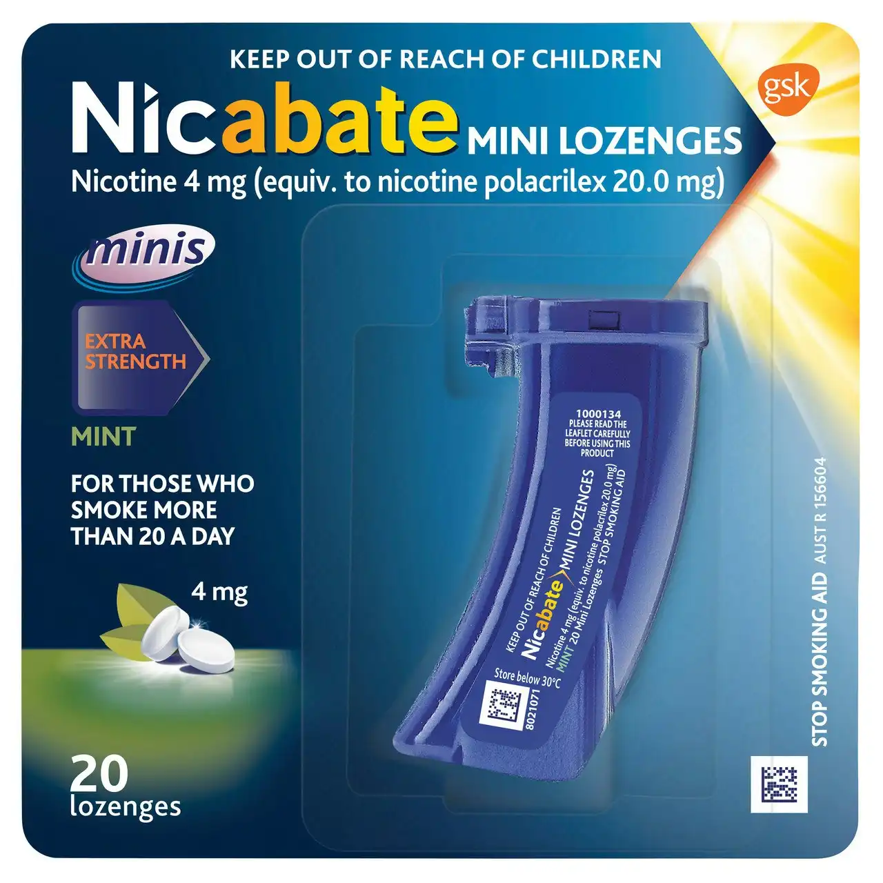 Nicabate Mini Lozenge Stop Smoking Nicotine 4mg Extra Strength Mint 20 Pack