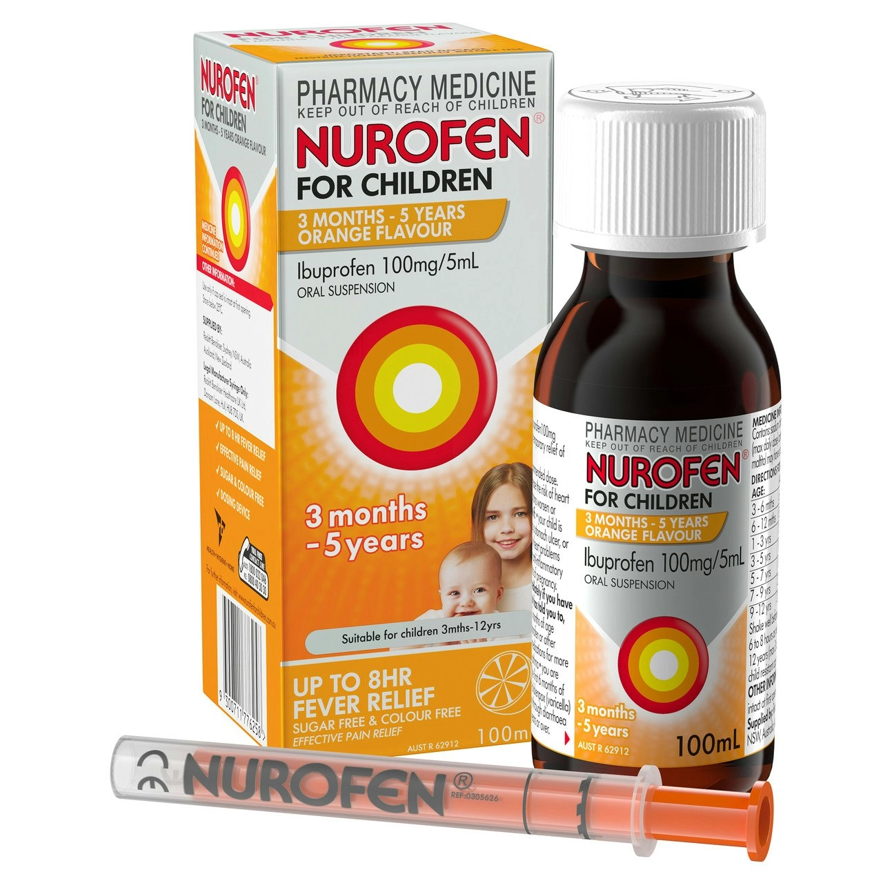 Nurofen For Children 3months - 5years Pain and Fever Relief 100mg/5mL Ibuprofen Orange 100mL