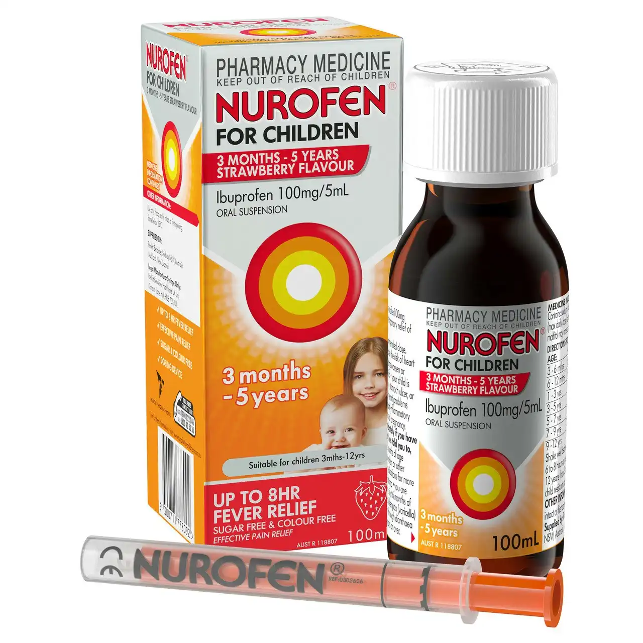 Nurofen For Children 3months - 5years Pain and Fever Relief 100mg/5mL Ibuprofen Strawberry 100mL