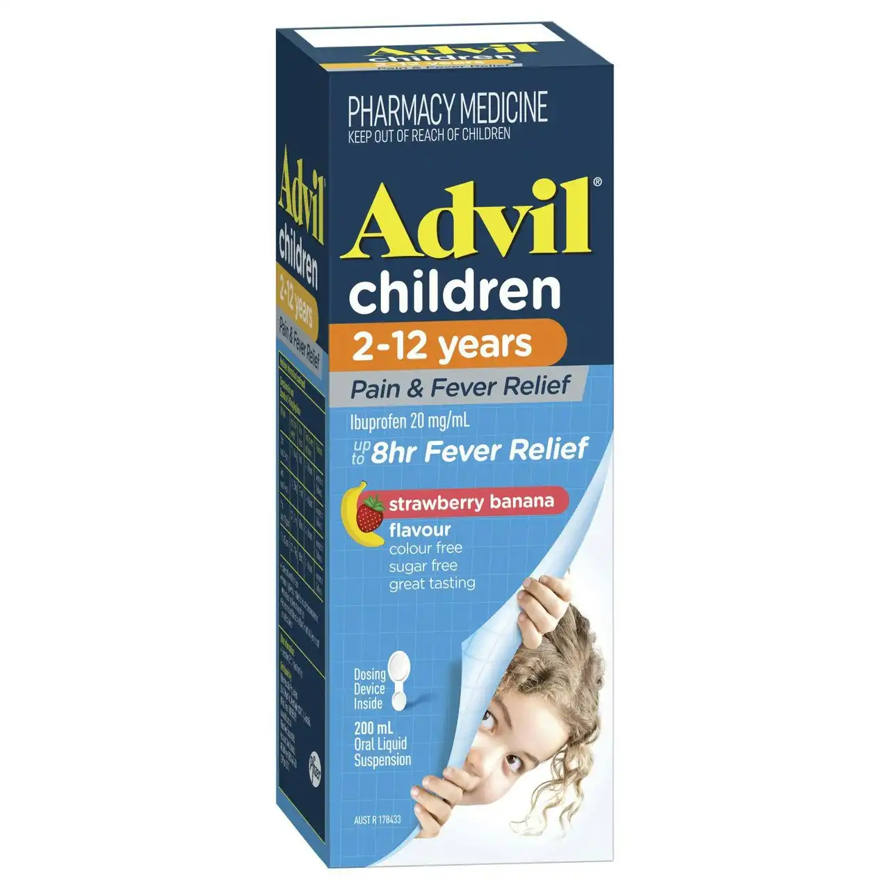 Advil Pain & Fever Suspension 2-12 years, sugar and colour free Ibuprofen 20mg/ml Strawberry Banana 200ml