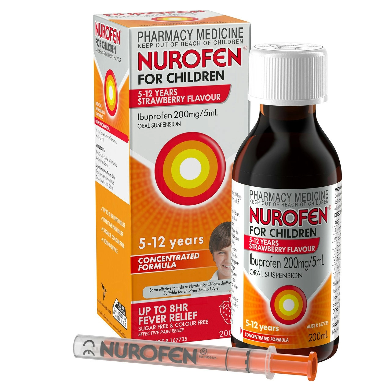 Nurofen For Children 5-12yrs Pain and Fever Relief Concentrated Liquid 200mg/5mL Ibuprofen Strawberry 200mL