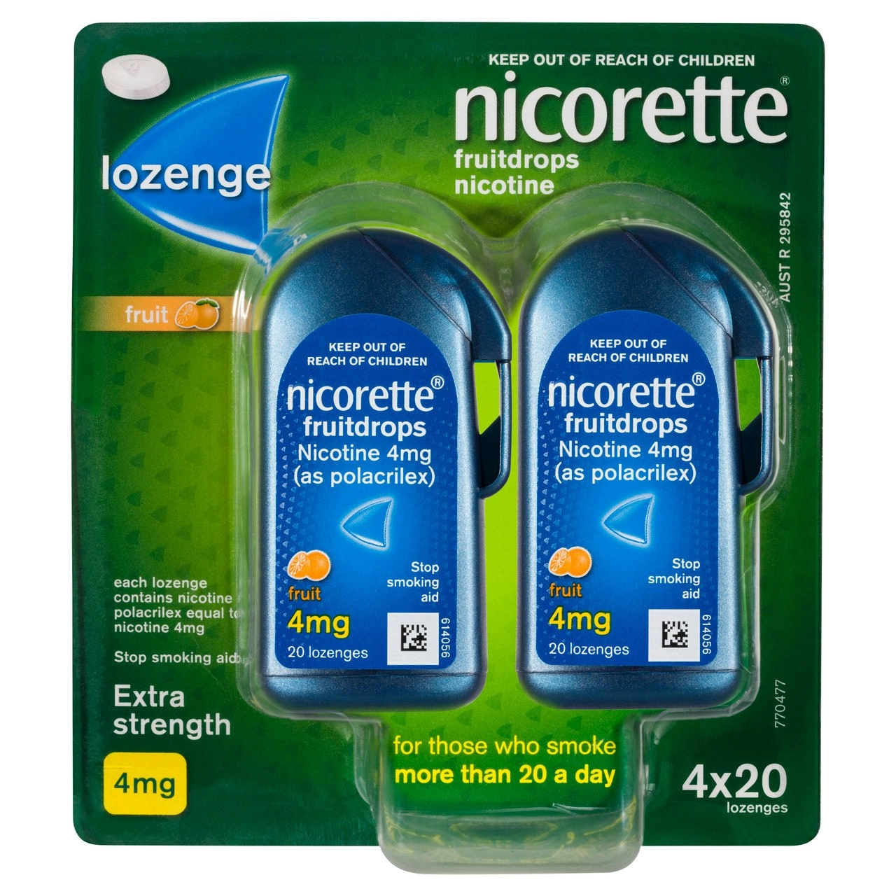 Nicorette Quit Smoking Extra Strength Nicotine Lozenge Fruitdrops 4 x 20 Pack