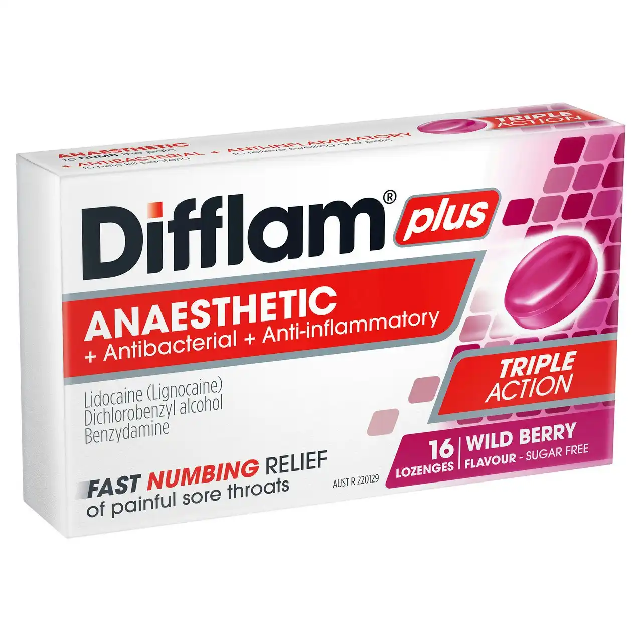 Difflam Plus Anaesthetic Sore Throat Lozenges Berry Flavour 16s