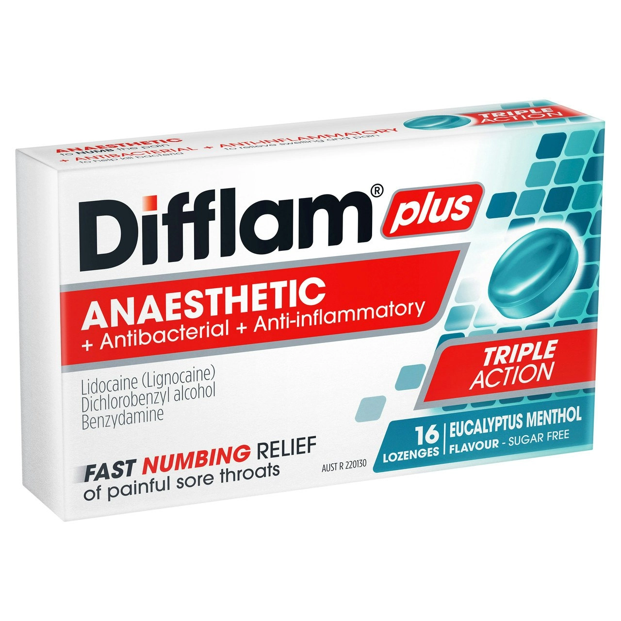 Difflam Plus Anaesthetic Sore Throat Lozenges Eucalyptus & Menthol Flavour 16s