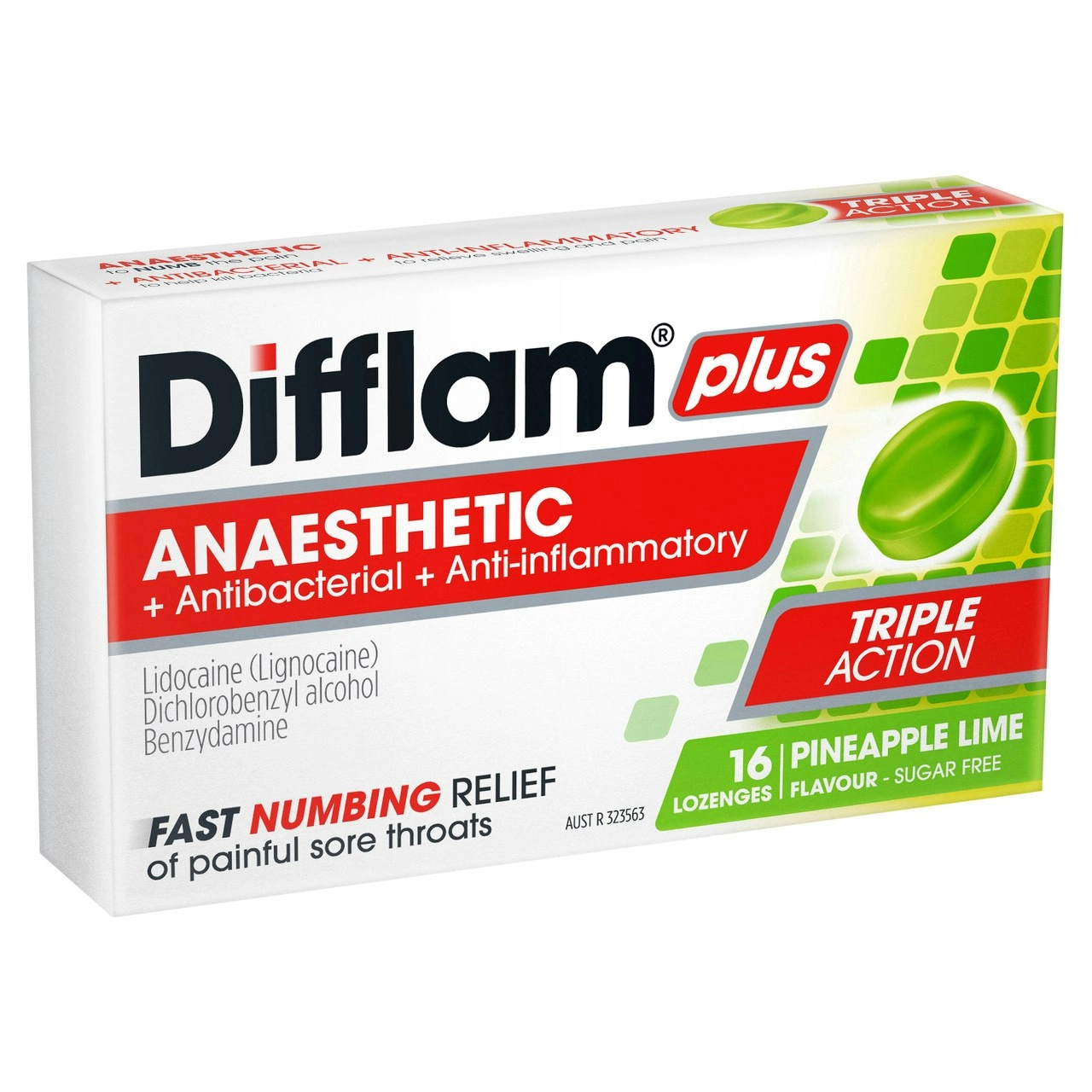 Difflam Plus Anaesthetic Sore Throat Lozenges Pineapple & Lime Flavour 16s