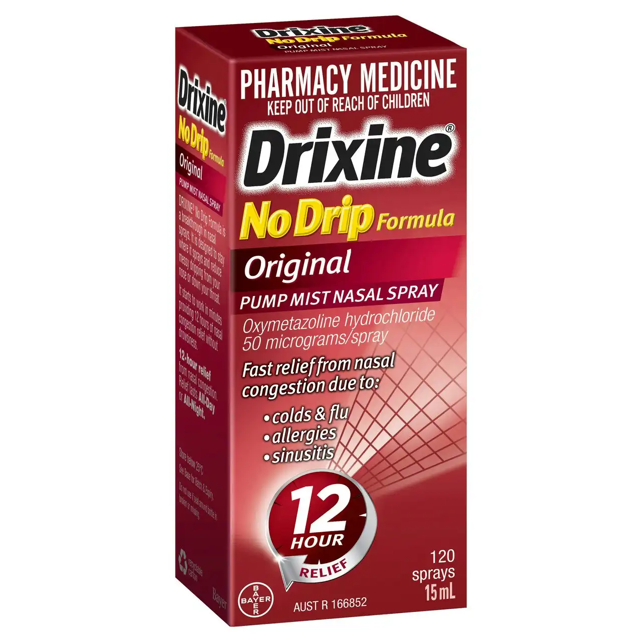 Drixine 12 Hour Relief No Drip Formula Original Pump Mist Nasal Spray 15ml