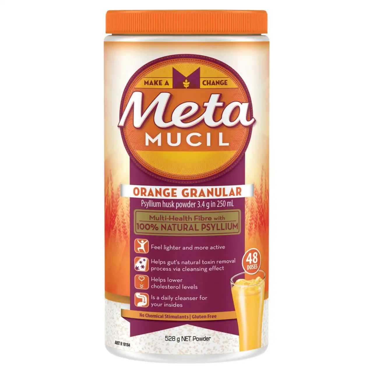 Metamucil Multi-Health Fibre with 100% Psyllium Natural Psyllium Orange Granular 48D