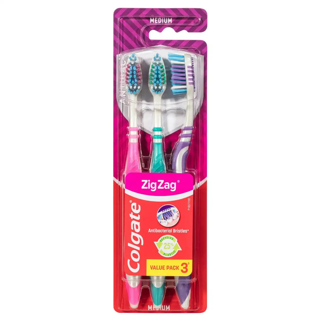 Colgate Zig Zag Manual Toothbrush, Value 3 Pack, Medium Bristles, Antibacterial Bristles