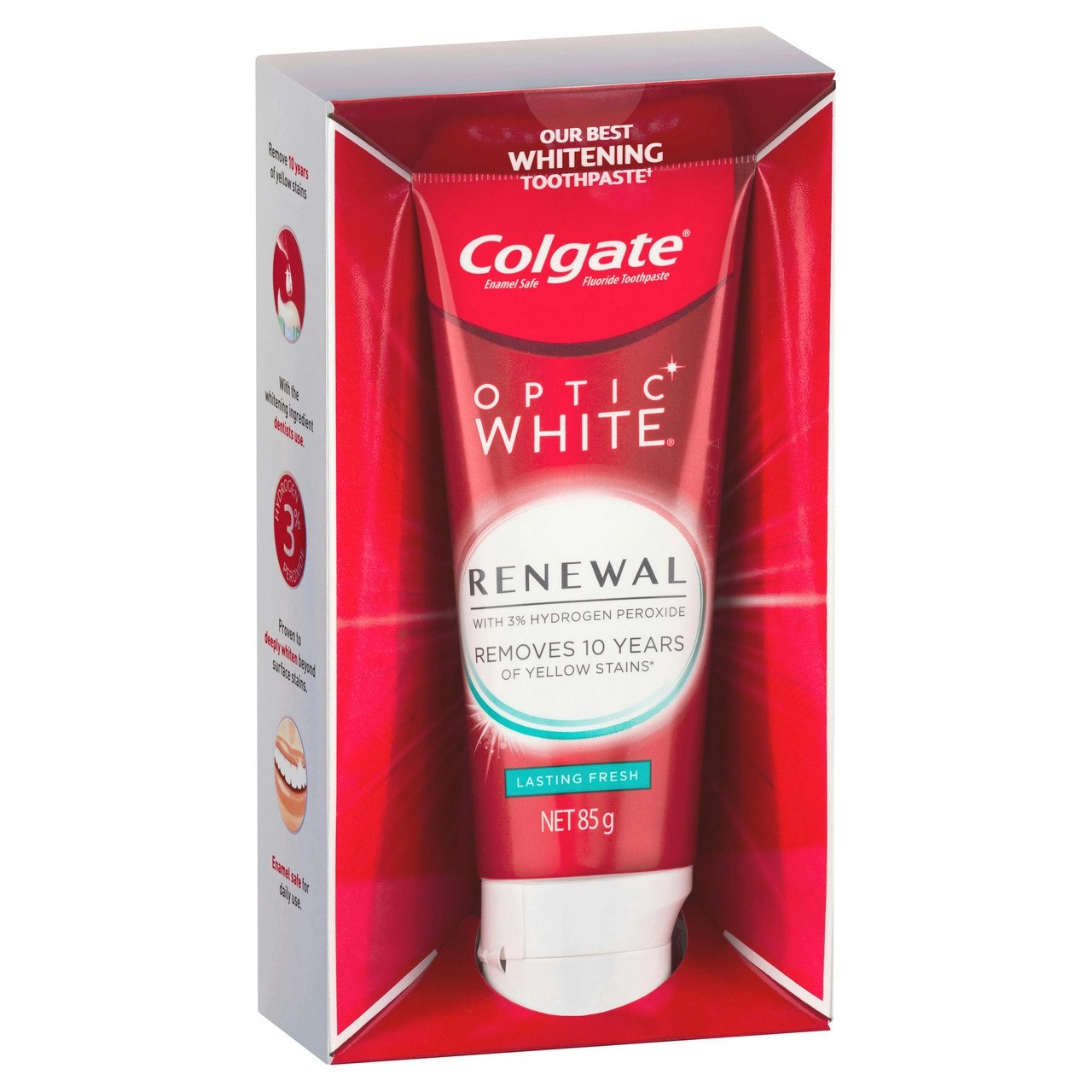 Colgate Optic White Renewal Lasting Fresh Teeth Whitening Toothpaste 85g, With 3% Hydrogen Peroxide, Enamel Safe