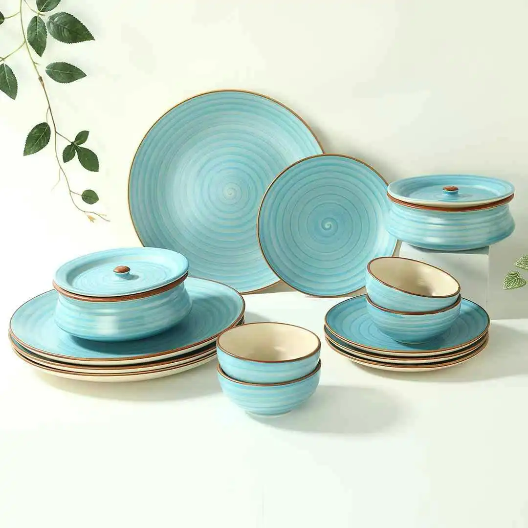 Wonderchef Teramo Dinner Set 14 Pcs with Bonus Teramo Blue Pickle Jar Set with Tray