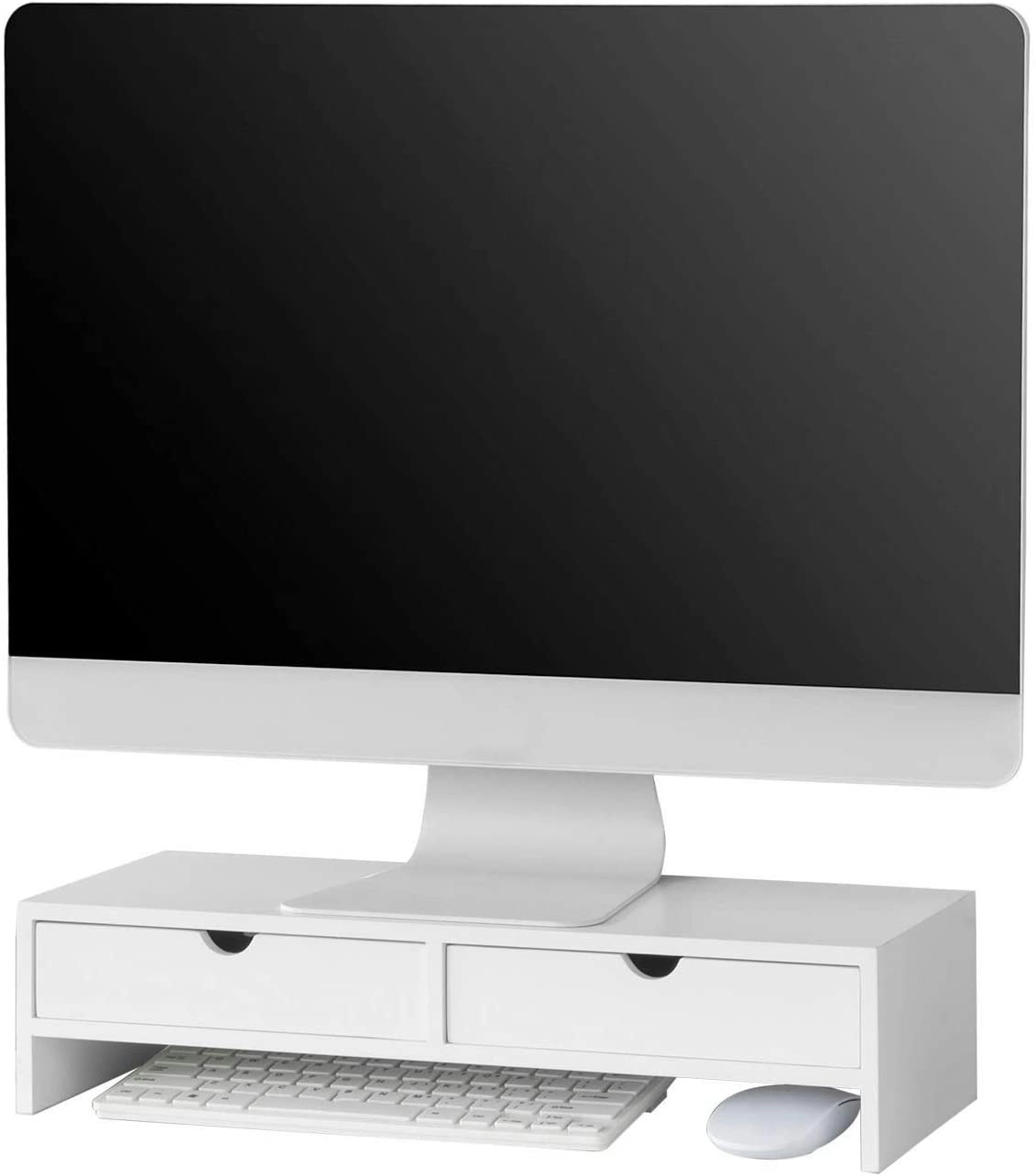 White Monitor Stand Desk Organizer With 2 Drawers - One Size