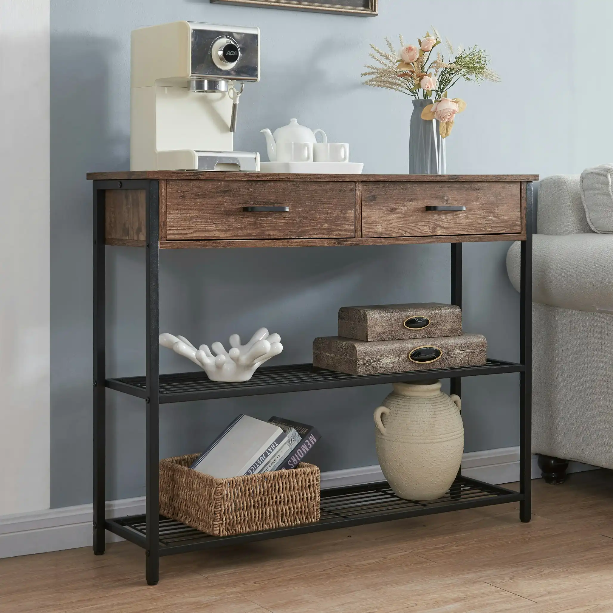 HLIVING Entryway Table with 2 Drawers, Console Table with Storage Shelves,Rustic Brown