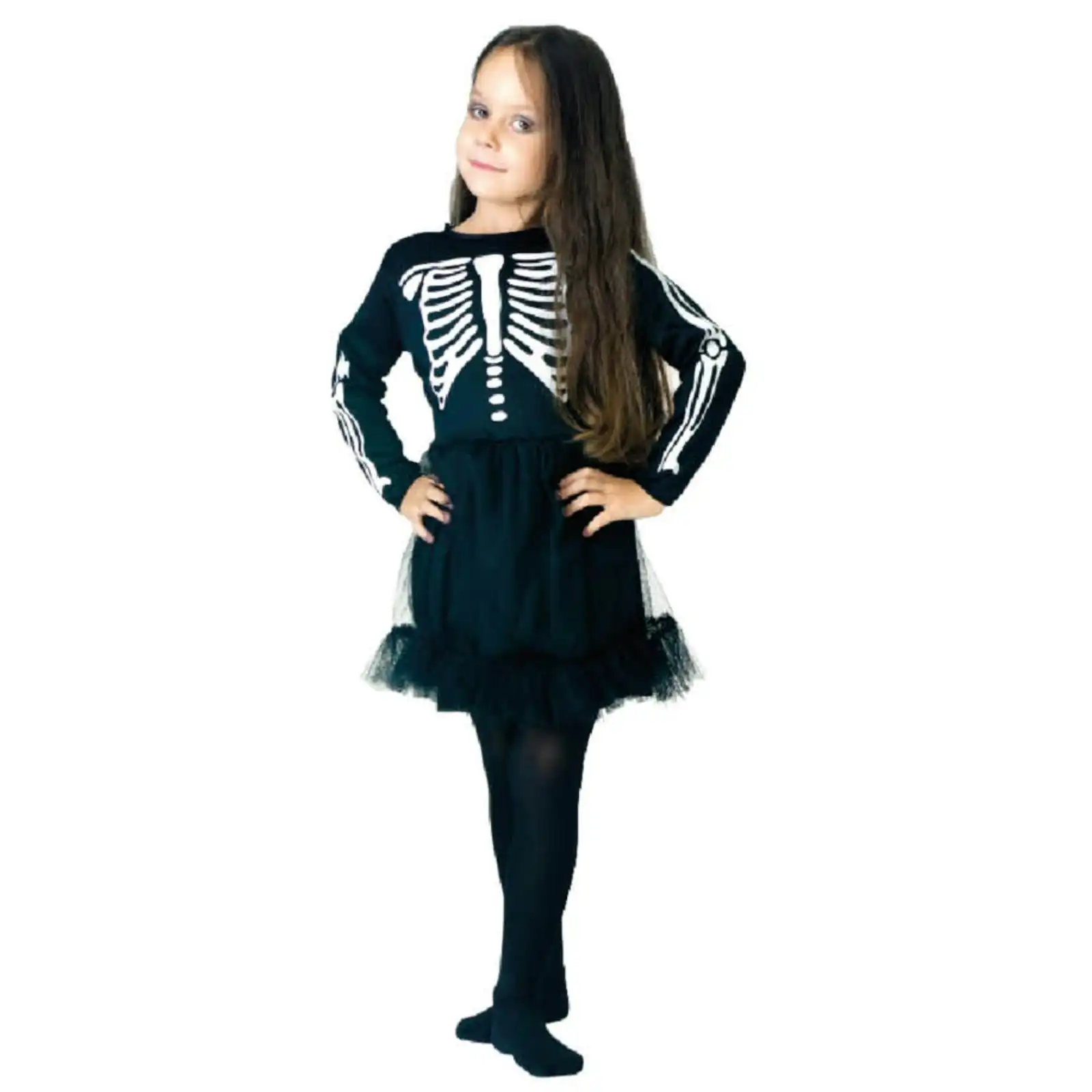 Children Skeleton Girl Costume Halloween Bones Dress - Black/White