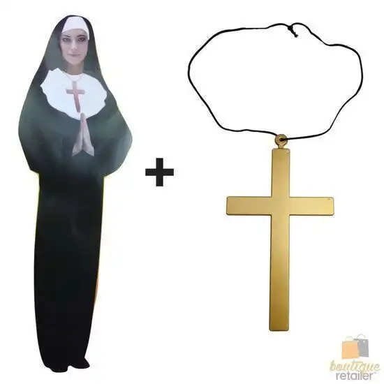 NUN COSTUME WITH CROSS Dress Halloween Womens Outfit Dress Religious Sister