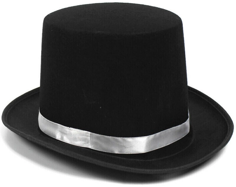 BLACK SATIN TOP HAT w Silver Ribbon Band Costume Mad Hatter Party Magician