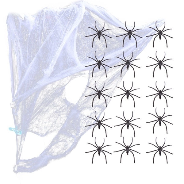 STRETCHABLE SPIDER WEB Spooky Halloween Decoration + 2 Spiders Party Decor Ghost