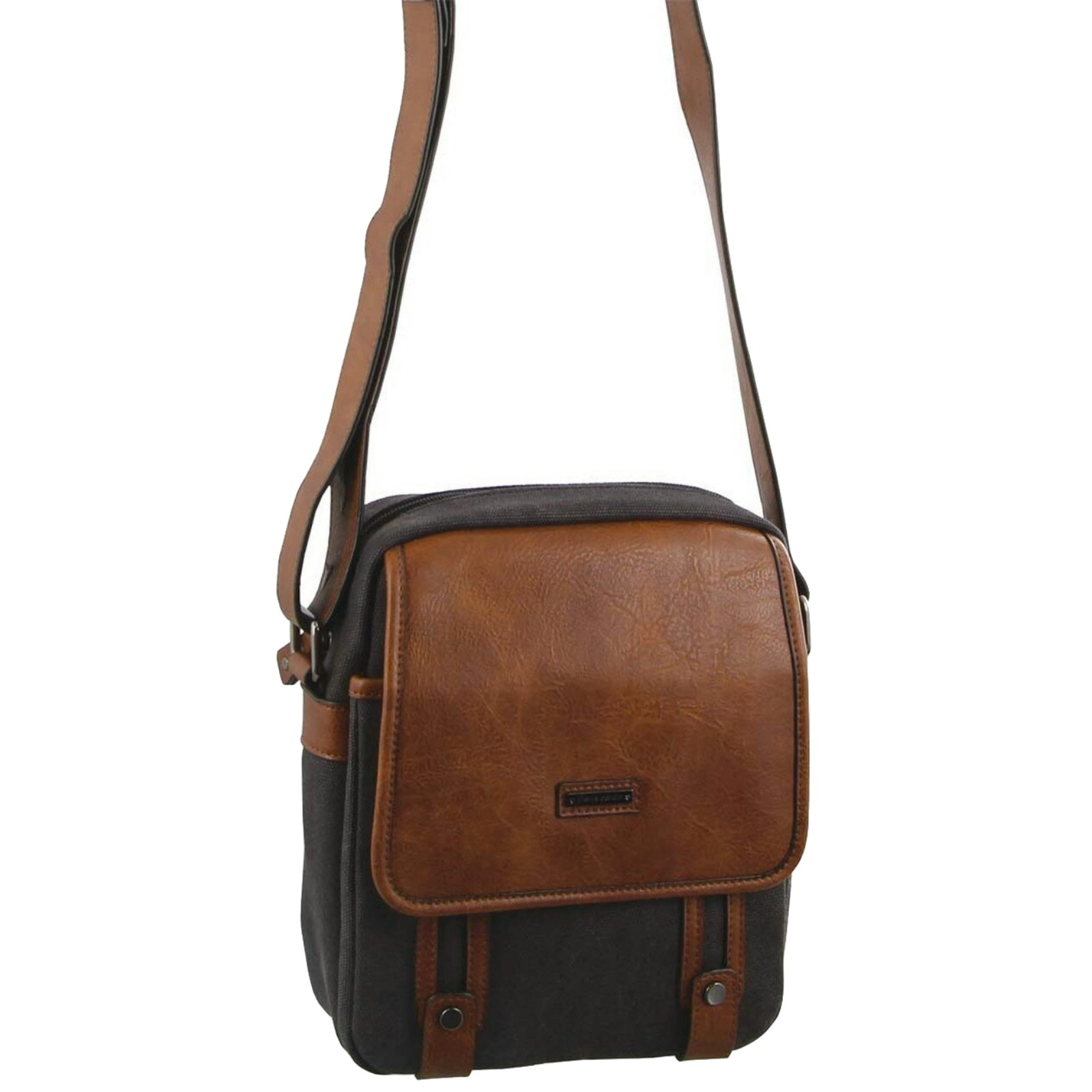 Pierre Cardin Unisex Canvas Cross Body Messenger Bag Satchel Sling Pack - Black/Cognac