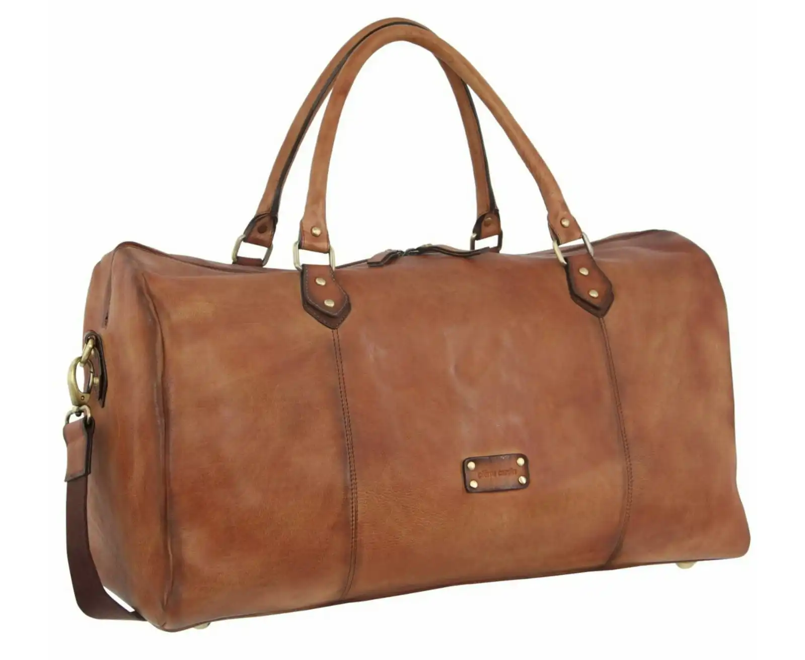 Pierre Cardin Smooth Leather Overnight Bag Luggage Weekend Duffle - Cognac