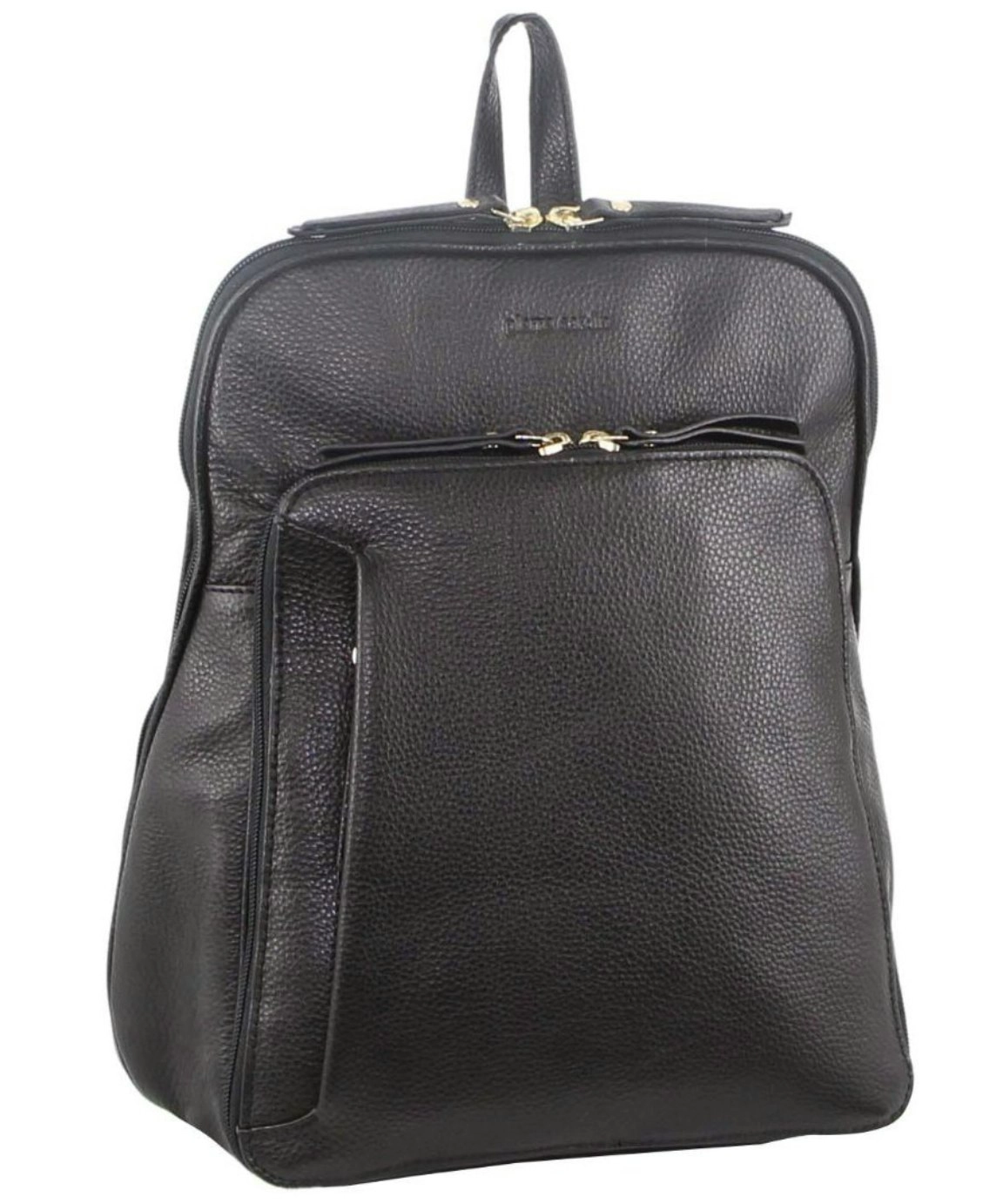 Pierre Cardin Womens Leather Backpack Bag with Pocket Front Multi-Zip - Black