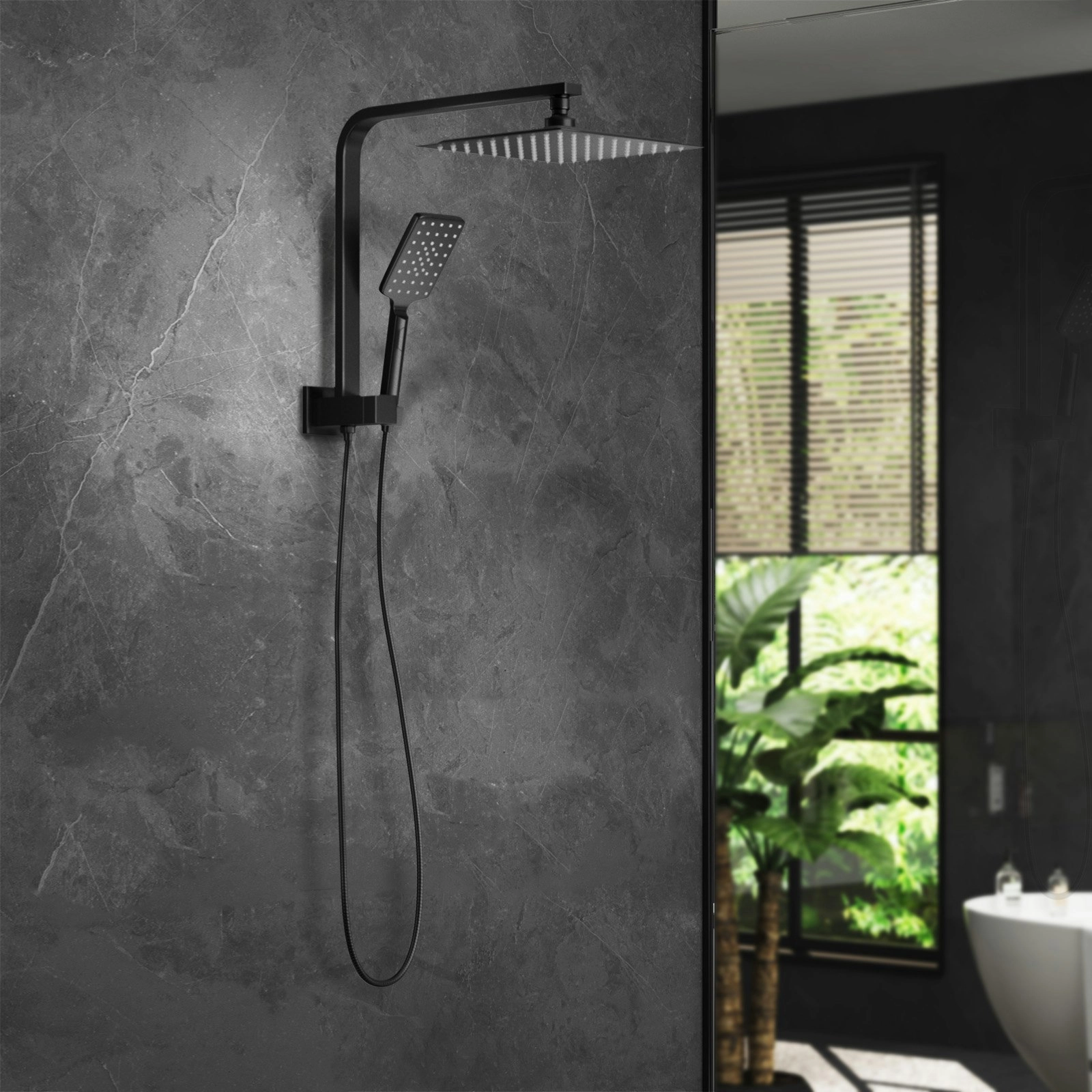 Welba 250mm Rain Shower Head Set Square 3-Mode Handheld Shower Gooseneck Black