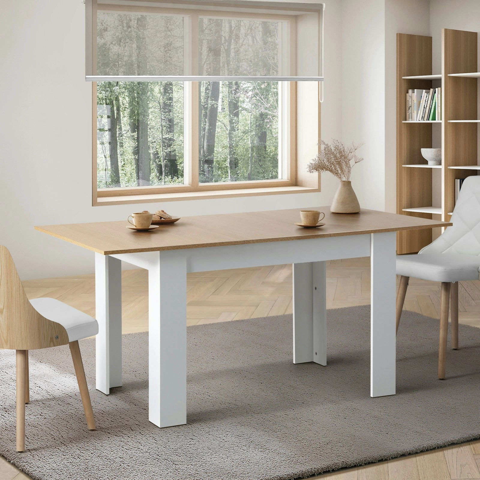 Oikiture 120-160cm Extendable Dining Table Kitchen Restaurant Cafe Table WoodenWhite