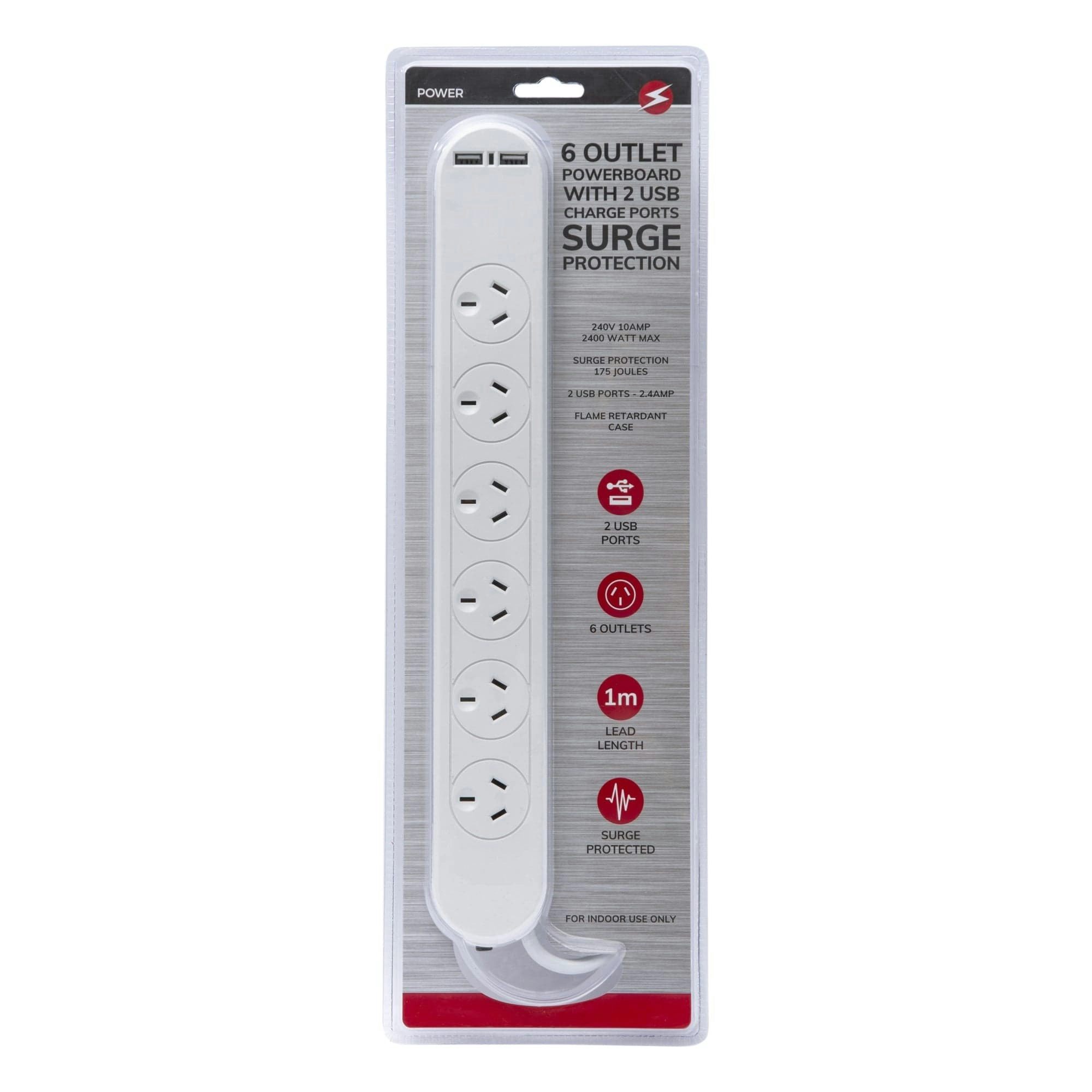 6 Outlet Powerboard With Surge Protection and Dual USB Charger 1M Lead Cable