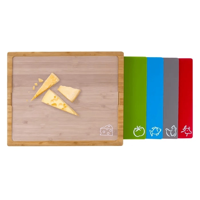 Bamboo Chopping Board with set of 5 Color-Coded Flexible Cutting Mats