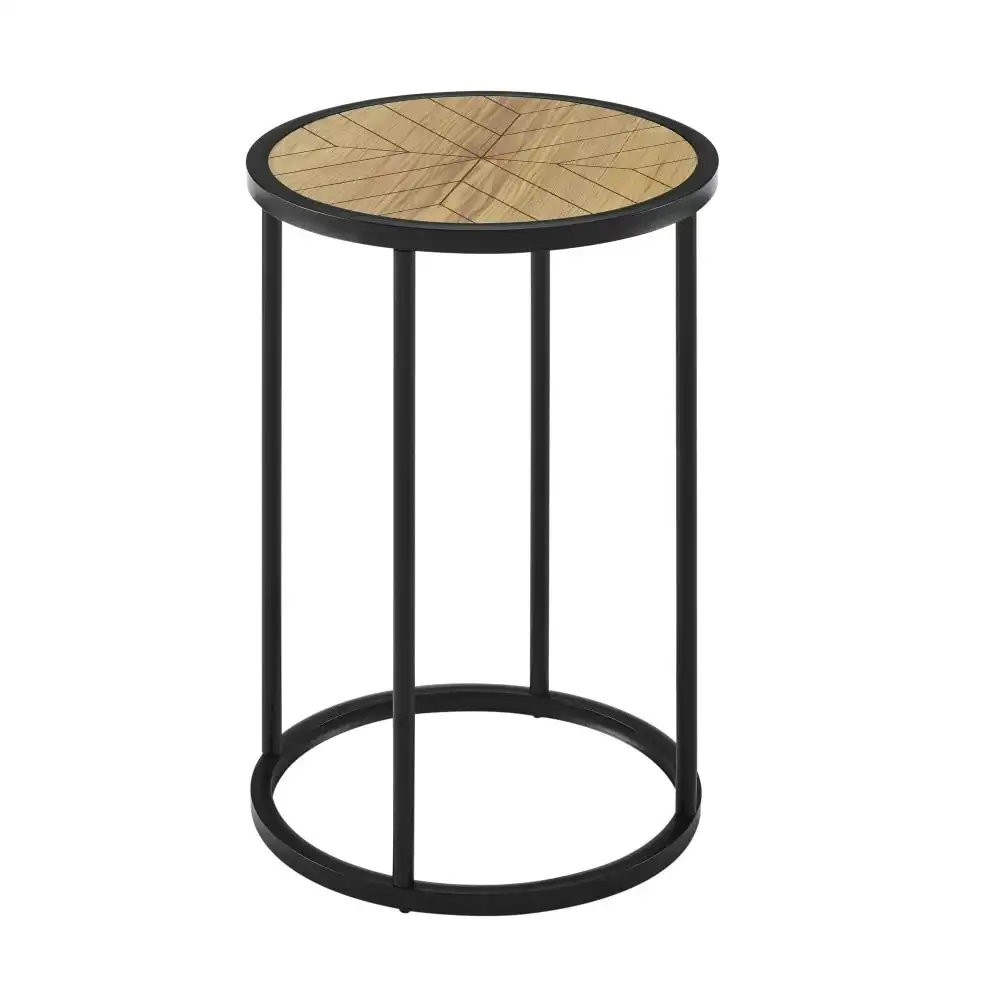 Chevron Round Wood Top Metal Frame End Lamp Side Table - Black & Ash Veneer