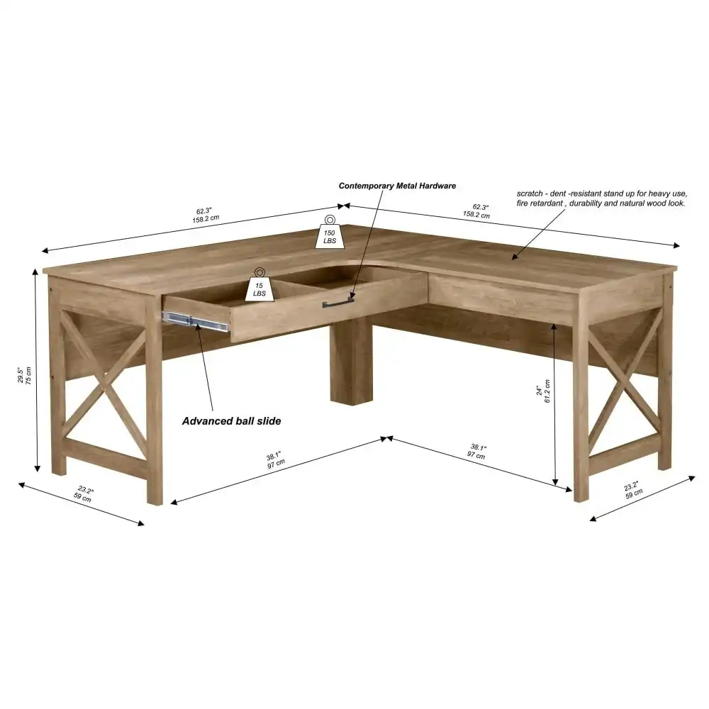 Maestro Furniture Farmhouse L-Shaped Office Manager Executive Computer Working Desk W/ Drawer - Rustic Oak